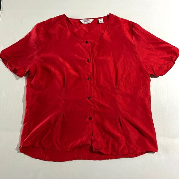 VTG Express, Women's SILK Cranberry Red Pleated Scoop Neck Button Down, sz L - Picture 2 of 5